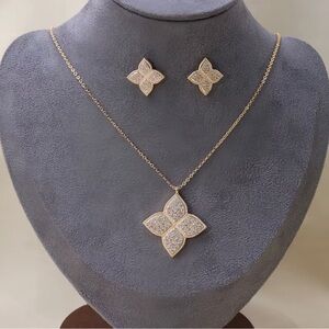 18K Gold Plated Flower Necklace and Earring Set with Inlaid Zircon Stones